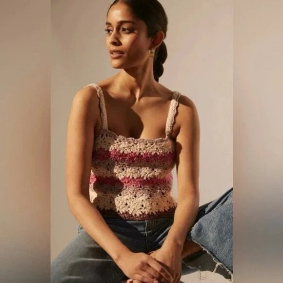 Anthropologie Crochet Pink & Neutral Tone Striped Boho Crop Top - Picture 1 of 16